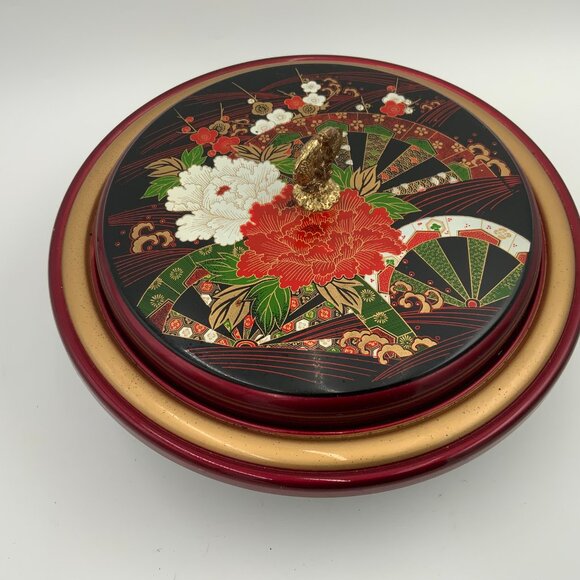 Vtg Republic of China Lazy Susan Lacquer Lidded Footed Serving Tray Fish Handle - Picture 8 of 12